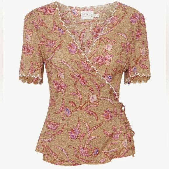 Atelier Reve Dorine Wrap Blouse Brown Pink  Print - Picture 1 of 11